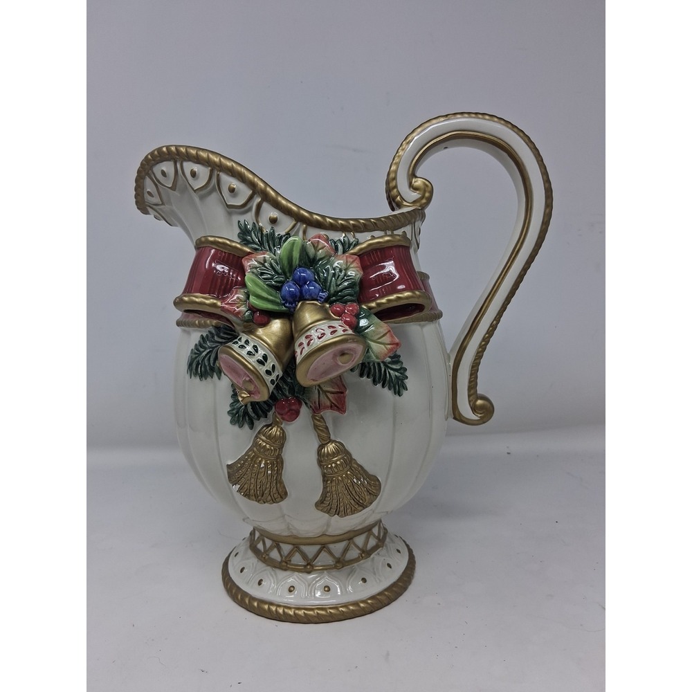 Fitz & Floyd Holiday Nouveau Christmas Pitcher Jug Pinecone Bow Magnolia Boxed